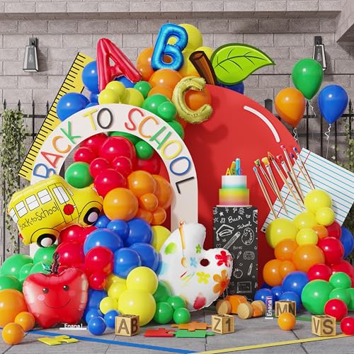 Enanal Back To School Balloon Garland Arch Kit 154pcs Pastel Rainbow Balloons with School Bus Apple Paint Palette Foil Balloons for Classroom Decorations First Day of School Decorations School Party
