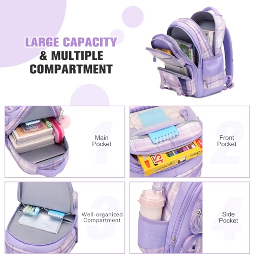 Bevalsa Kids Backpack for Girls with Insulated Water Bottle, Plaid Pink Bookbag Backpack for Girls Kid, 14oz Termos Kids Water Bottle Stainless Steel, Lunch Bag & Pencial Case, Back To School Gift3