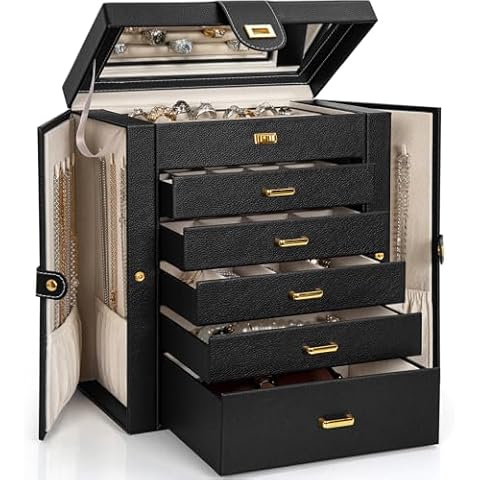 AKOZLIN Huge Jewelry Box Organizer Functional Extra Large Leather Jewelry Storage Case for Women Girls Ring Necklace Earring Bracelet Holder Organizer with Mirror Black Cover