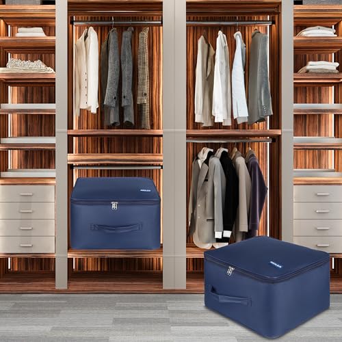Image of M MEDLER Adex Nylon Wardrobe Organizer Bag | Moisture-Proof Clothes Storage Box & Saree Cover with Zipper & Handle | Square | Blue | 38x38x24 cm - PACK OF 3