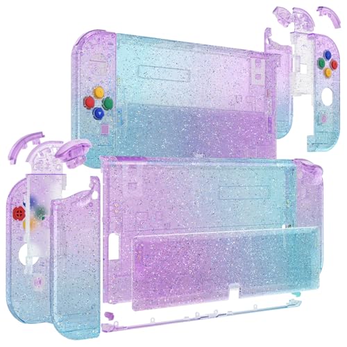 Image of eXtremeRate DIY Full Set Shell Buttons for Nintendo Switch OLED, Replacement Console Back Plate & Kickstand Custom Case Housing for Switch OLED JoyCon - Glitter Gradient Translucent Bluebell & Blue