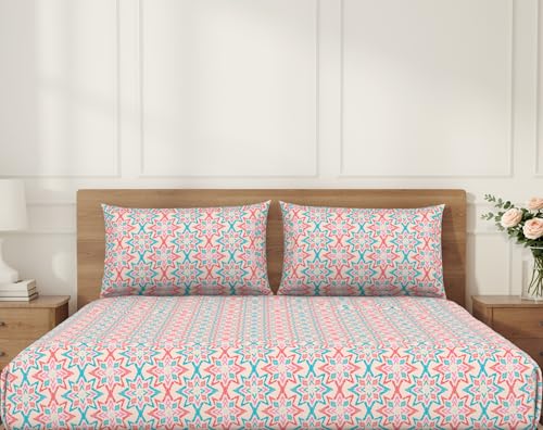 Image of Welspun ENZO Queen Size Fitted Bedsheet with 2 Pillow Covers | 360 Elastic | 100% Pure Cotton | 60 x 78 Inches | Soft, Breathable, Lightweight & Easy Care | Blush