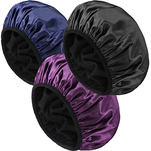 3 Pieces Shower Cap for Women, Triple Layers Extra Large Bath Caps with Dry Hair Waterproof Shower Hair Bath Cap Reusable Hair Dryer Cap Silky Satin Shower Hat Bonnet (Dark Purple, Navy Blue, Black)