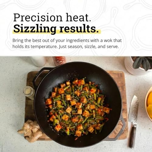 Image of Lodge 14 Inch Cast Iron Wok with Dual Loop Handles - PFAS FREE Pre-Seasoned Family Size Stir Fry Pan - Stovetop & Oven Safe Heavy Duty High-Heat Retention Wok - Made in USA