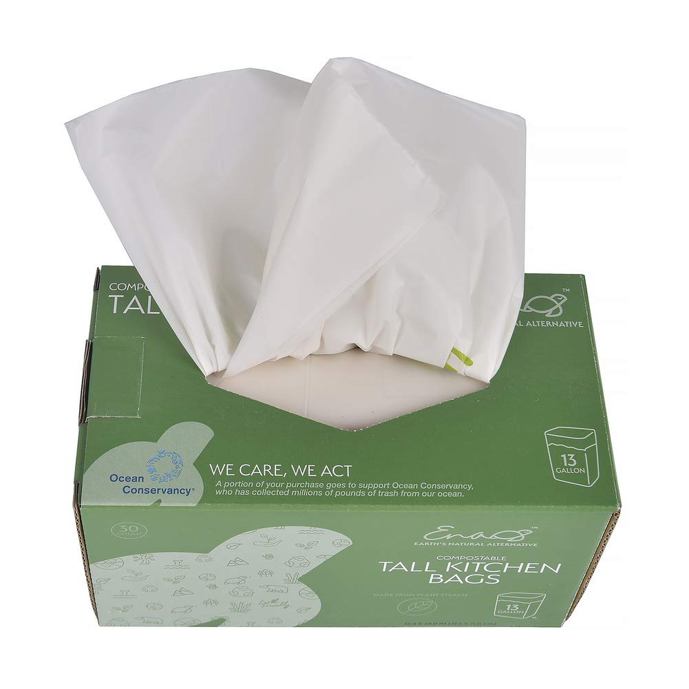 Earth's Natural Alternative100% Compostable Tall Kitchen Trash Bags 13 Gallon 30 Pack] Eco-Friendly Garbage Bags For Bathroom, Trash Compactor Bags, Heavy-Duty, BPI Certified, Biodegradable