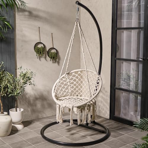 OHS Macrame Knotted Egg Chair, Swing Chair with Stand for Bedroom Patio Balcony Garden Furniture Hanging Chair Comfy Relaxing Garden Swing Chairs Outdoor Indoor Use, Cream