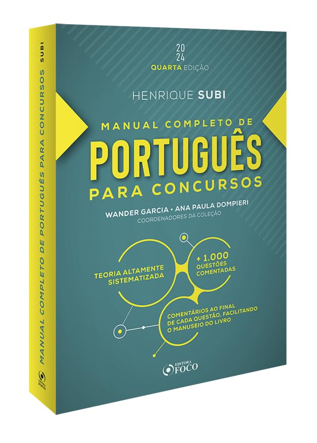 Angled view of the Complete Portuguese Manual for Public Exams, showing the front cover and spine. The spine reads 'MANUAL COMPLETO DE PORTUGUÊS PARA CONCURSOS HENRIQUE SUBI'.