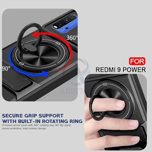 Image of AESTMO Redmi 9 Power /Poco M3 Back Cover | Armor Camera Slider 360 Degree Rotating Finger Ring Holder Case with Bracket Stand Back Case Cover (Compatible with MagSafe Accessories) (Black)