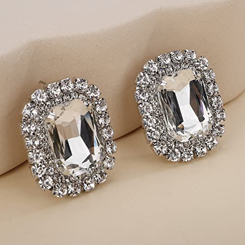 Denifery Square Crystal Earrings Rhinestone Stud Earrings Sparkling Crystal Stud Dangle Drop Earrings for Women Bling Stud Earrings for Prom Wedding (Silver)4