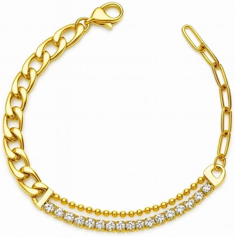 18K Gold Plated Chain Bracelet for Women – Adjustable Layered Link Bracelet in Stainless Steel with Zircon Crystals – Dainty Chunky Gold Jewelry – Fashion Accessories Gift for Her, Wife, Mom