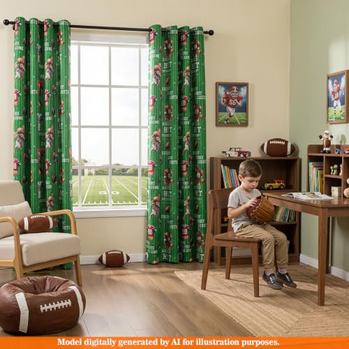 Image of MYSKY HOME Patterned Blackout Curtains 96 Inch Long 2 Panels Set Rugby Football Sports Game Printed Grommet Drapes for Teen Boys Girls Kids Bedroom Playroom Decor, Each Panel 52 inch Wide, Green