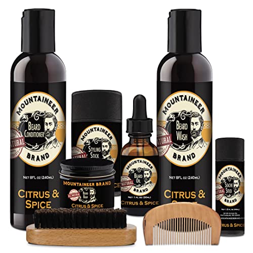 Mountaineer Brand Ultimate Beard Bundle | Beard Wash, Conditioner, Beard Balm, Beard Oil, Stache Stick, Styling Stick For Men With Wood Comb & Brush | For Soft Manageable Hair | Citrus & Spice Scent #TOP9