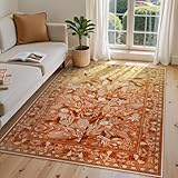 Anidaroel Washable Area Rugs 5x7, Botanical Floral Rugs for Living Room, Non-Slip Soft Rugs for Bedroom Modern Abstract Rug, Stain Resistant Accent Floor Carpet for Office Dining Room, Orange