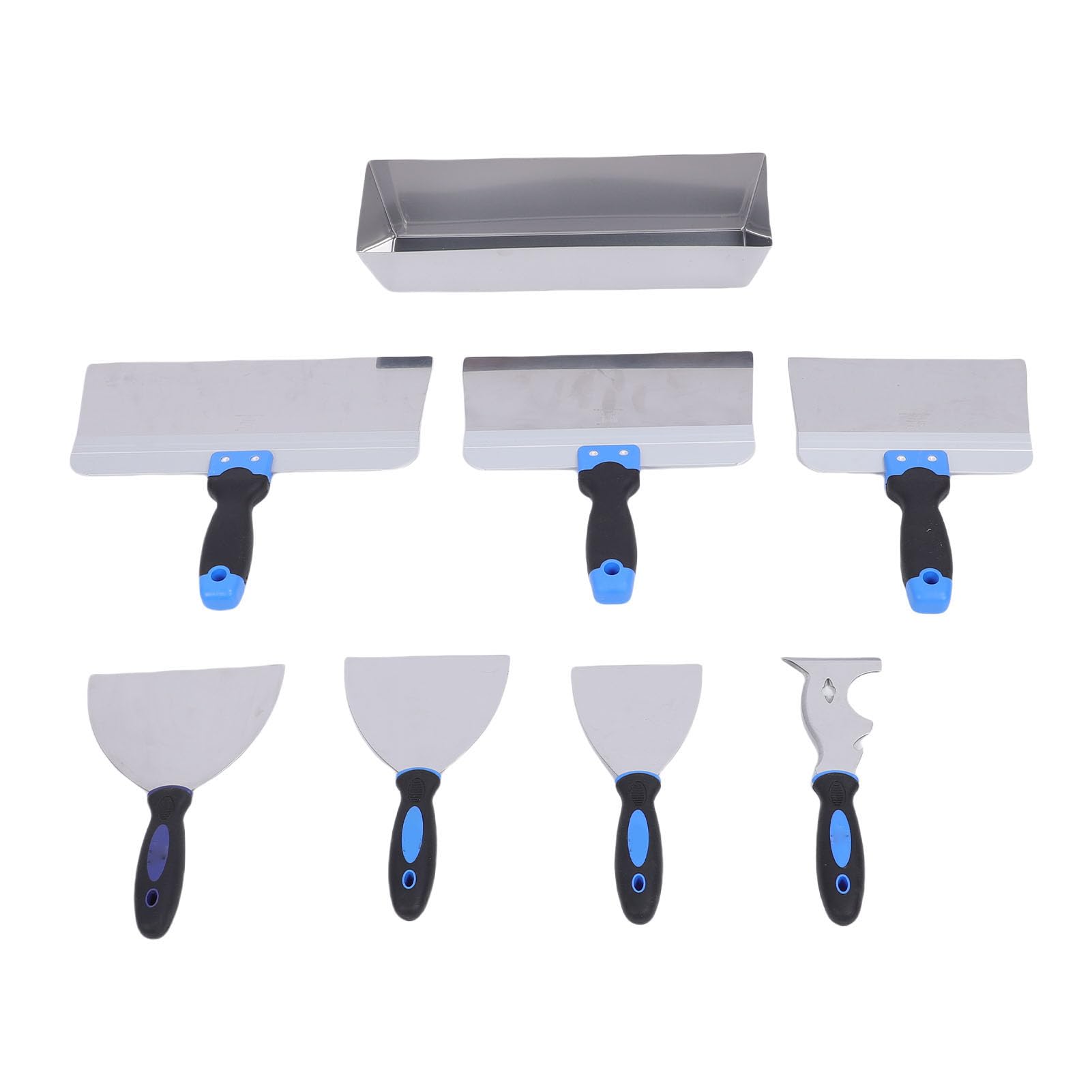 Walfront Set di 8 Raschietti per Cartongesso in Acciaio Inossidabile con Vaschetta per Stucco, Impugnatura in TPR Lavorata a CNC e Testa a Martello per Incollaggio di Giunti di