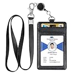 OFFCUP PU Leather Badge Holder, ID Card Holder, Credit Card Wallet with Nylon Lanyard and Zipper Pocket 1 Clear ID Window and 3 Card Slots for Office School ID, Credit Cards, Driver Licence (Black)
