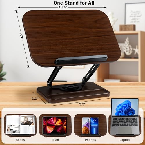 Image of Book Stand with Light & Storage, Book Holders for Reading Hands Free, Wooden Cookbook Stand with Adjustable Height & 360 Angle for Recipe,Magazine,Laptop,Tablet, Bible
