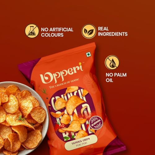 Image of Upperi Peri Peri Kerala Tapioca Chips | 70g | Kerala Kappa Chips | Fiery Peri Peri | Rice Bran Oil Fried | Zero Trans Fat | Lower Fat | NABL Certified | Vegetarian