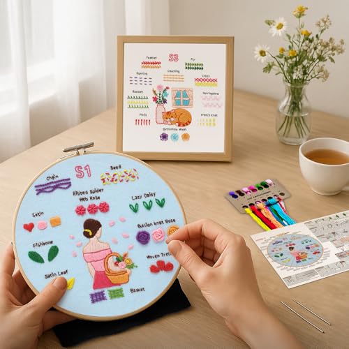 Image of Nuberlic Embroidery Kit for Beginners - 3 Pack 28 Stitches Cross Stitch Starter Set with Embroidery Hoops, Threads & Needles for Home Decor & Relaxation