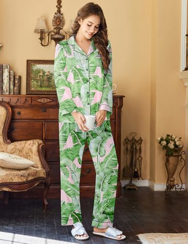 Image of Ekouaer Womens Satin Pajama Set Classic Pattern Silky Pj Sets Button Down Sleepwear Loungewear