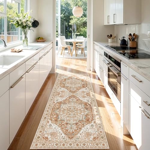 Deerly Vintage Runner Rug 2x6 Hallway Runners Boho Non-Slip Entryway Throw Rug Faux Wool Non-Slip Washable Low-Pile Floor Carpet for Indoor Front Entrance Kitchen Bathroom, Caramel/Beige/Multi