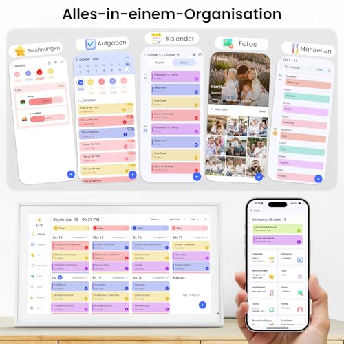 NEWYES Digitaler Familienplaner 15,6 Zoll Full HD mit Touchscreen –WLAN-Digitaler Kalender & Digitaler Fotorahmen (1920x1080), Google & iCloud Kalender Sync, APP, 32 GB, Geschenk für Frauen
