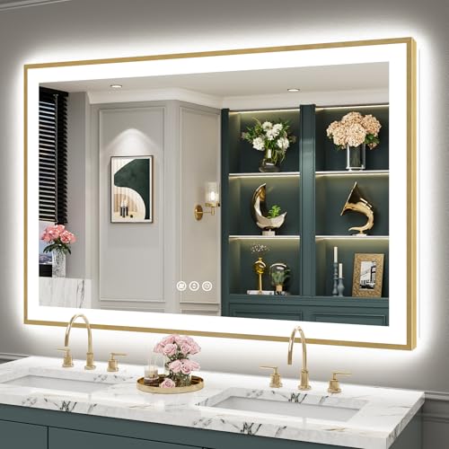 Image of 55x36 Gold LED Bathroom Mirror with Lights, Backlit & Front Lit | Brushed Gold Framed, Anti-Fog Lighted Vanity Mirror, Dimmable, 3-Color Temp, Memory, CRI95, HD Tempered Glass, UL Listed