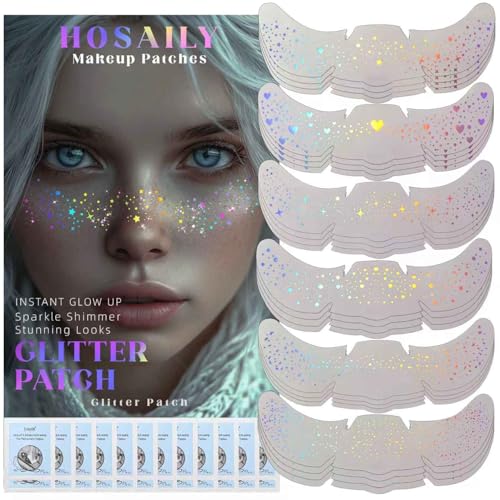 HOSAILY 24 pcs Holographic Multichrome Glitter Freckles Face Tattoo Waterproof Sparkle Face Glitter Speckles Patches for Women Cute Star Glitter Temporary Tattoo Makeup Accessories for Festival Rave