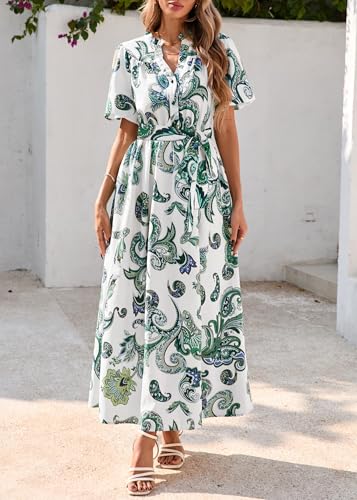 Image of KIRUNDO Women Spring Summer Wedding Guest Boho Floral Maxi Dress Puff Sleeve Button Shirt V Neck Flowy Beach Vacation Dress