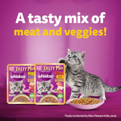 Image of Whiskas Tasty Mix Kitten (2-12 Months) Wet Cat Food, Seafood Cocktail Carrot Flavour in Gravy, 70 g x 28, 100% Complete & Balanced Nutrition for Kittens
