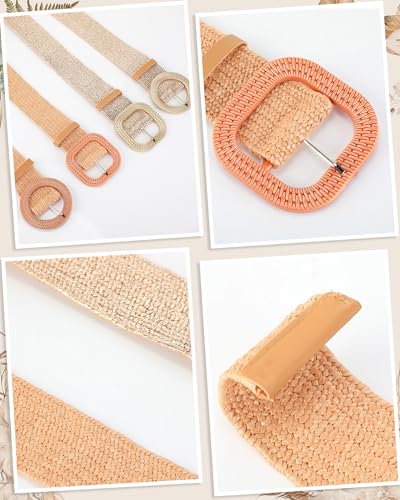 Image of WILLBOND 4 Pcs Women's Elastic Raffia Woven Belt, Boho Rattan Buckle Stretch Straw Wide Waist Belt for Dresses Jeans Pants