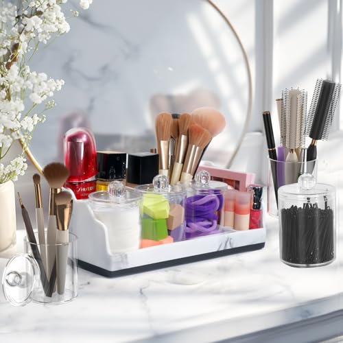 TuCao Marble Bathroom Countertop Organizer, Toothbrush Holders for Bathroom with 3PCS Qtip Holder Dispenser and Toothpaste Holder Drainage for Bathroom Accessories Organization Counter Vanity Storage