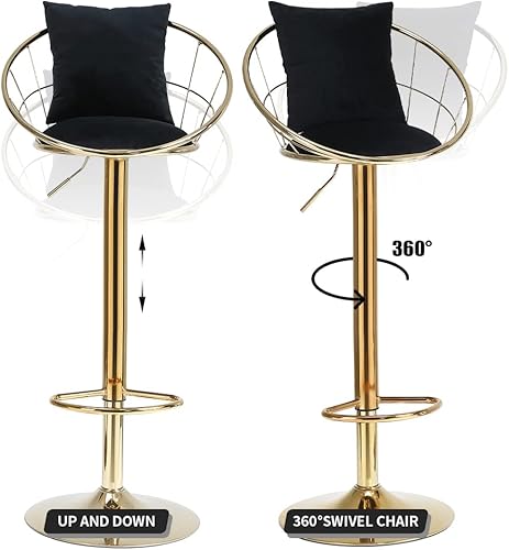 Miniatura 5 de Juego de 2 taburetes de bar giratorios de terciopelo, sillas de bar ajustables con respaldo y reposapiés, silla moderna para isla de cocina,