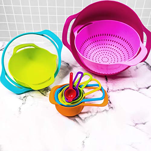 Cheer Collection 15 Piece Nested Bowl Set with Mixing Bowls, Colander, Sifter and Measuring Spoons, BPA-Free Bright Colorful Plastic Space-Saving Food Prep - Thumbnail 5