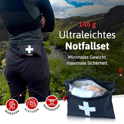 AUTDOOR® Erste Hilfe Set Light – ultraleicht & kompakt – entwickelt von Ärzten – Robuste Reiseapotheke für Wandern, Klettern & Wassersport – Notfalltasche mit Essentials