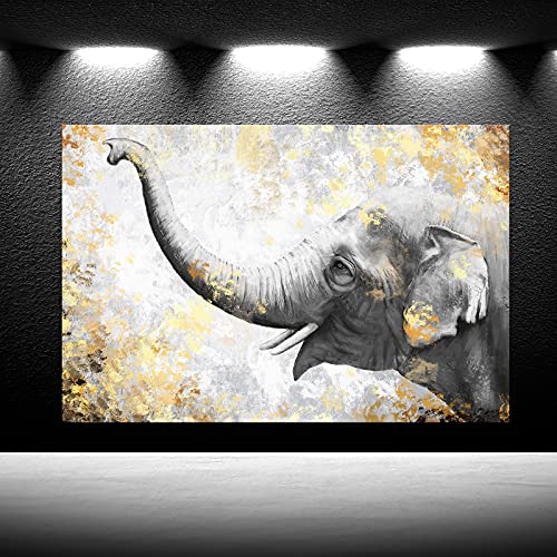 Modern Canvas Prints Animal Picture Wall Art Gold And Grey Contemporary Elephant Painting For Home Office Bedroom Guest Room Decor Framed Artwork Ready To Hang 24X36Inches #TOP1