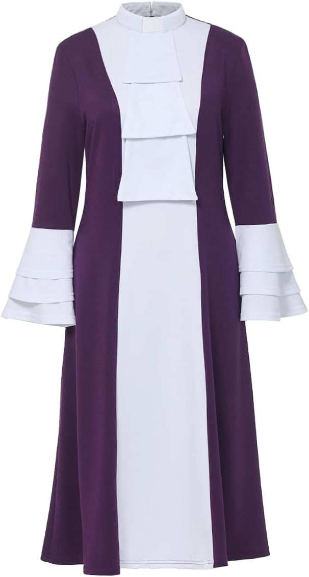 Church Clergy Dress for Women Minister Spring/Autumn A Line Long Sleeve Black White Patchwork Dress with Tab Collar - Image 3