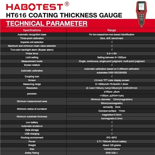 Medidor de espesor de pintura para automóvil HT616, calibrador digital de recubrimientos de 0 a 1500 μm con almacenamiento de datos de calibración por grupos miniatura 7