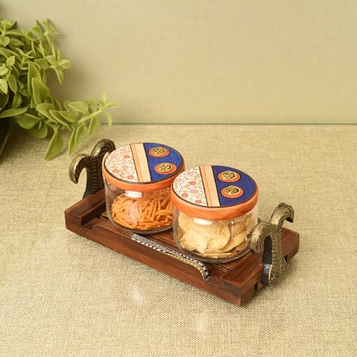 Image of AAKRITI ART CREATIONS Joyful Noshing S02 Wooden Tray with 2 Glass Jars | Dhokra Warli Fusion Art | Multi-Colored Matte Finish | Wood & Glass Kitchen Storage & Decor