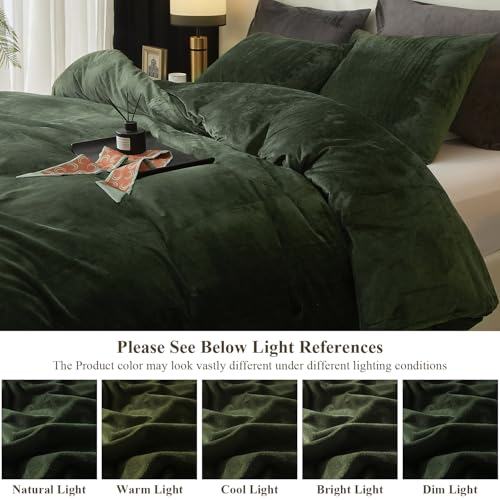 Ivellow Velvet Duvet Cover King Set Dark Green Comforter Cover 3Pcs Ultra Soft Cover Breathable Solid Luxury Flannel Velour Duvet Cover Zipper Closure Corner Tie