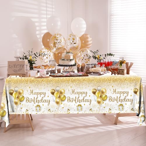 Image of Happy Birthday Tablecloths - Gold & White Party Decorations, 3pcs Disposable Table Covers for Indoor /Outdoor Birthdays