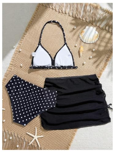Image of RoseSeek Girl's 3 Piece Cute Bowknot Bathing Suit Halter Triangle High Waisted Swimsuit with Beach Cover Up Skirt