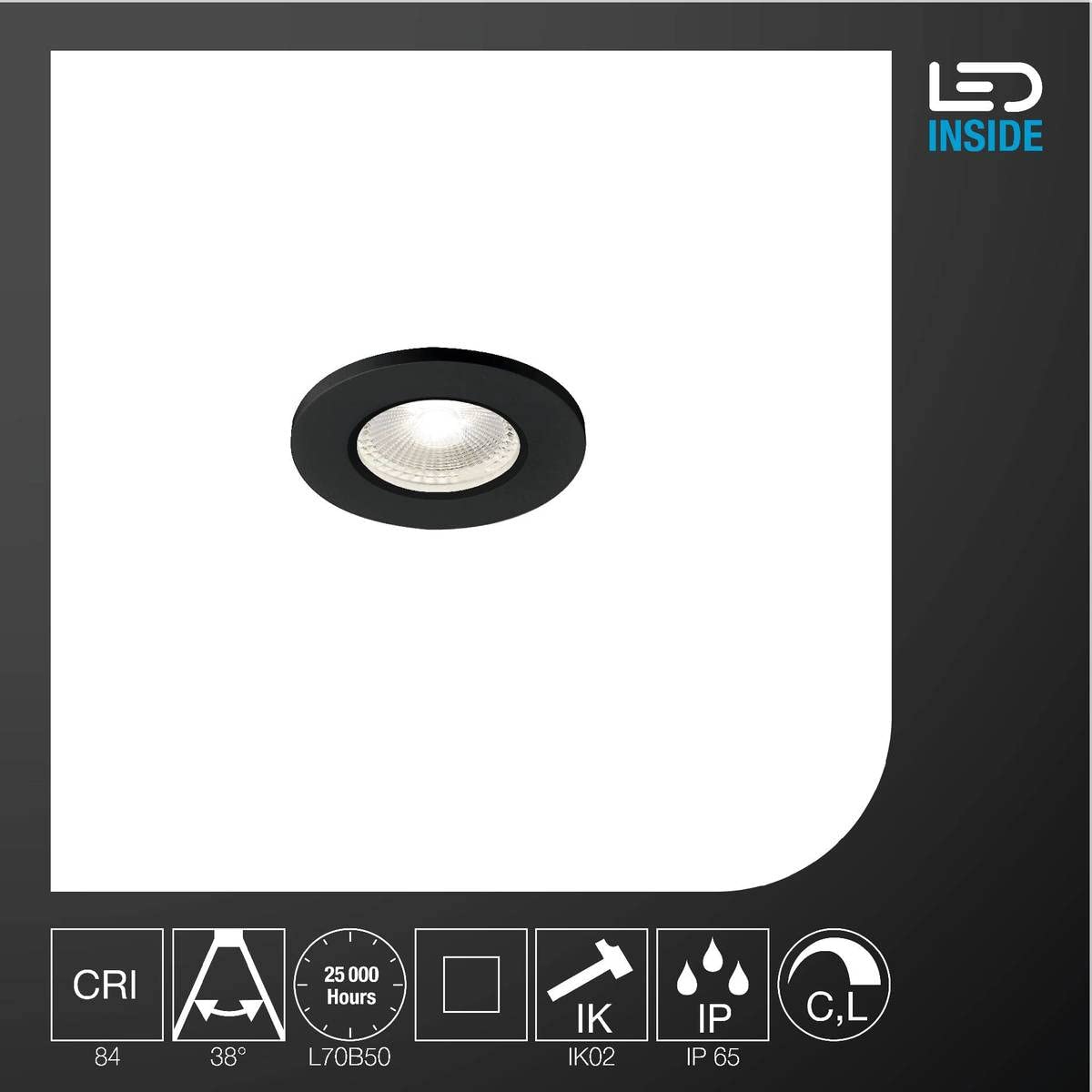 SLV luminaria empotrable de techo KAMUELA/Foco led, luz de inundación, proyector de techo, iluminación de interior / IP65 4000 K 6 W 400 lm negro regulable 38 grados