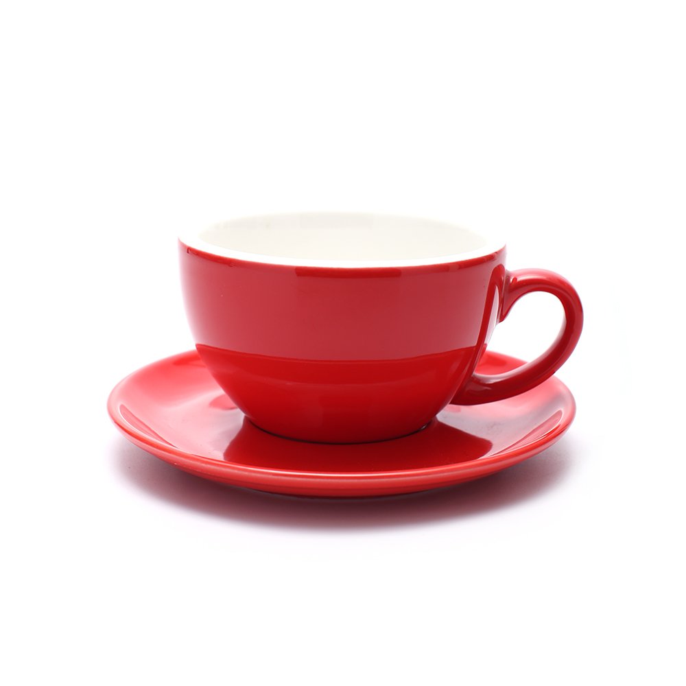 Manual Brew Coffee Cup and Saucer, Latte Art Cappuccino for Coffee Shop and Barista (Glossy Red, 8.5 oz)
