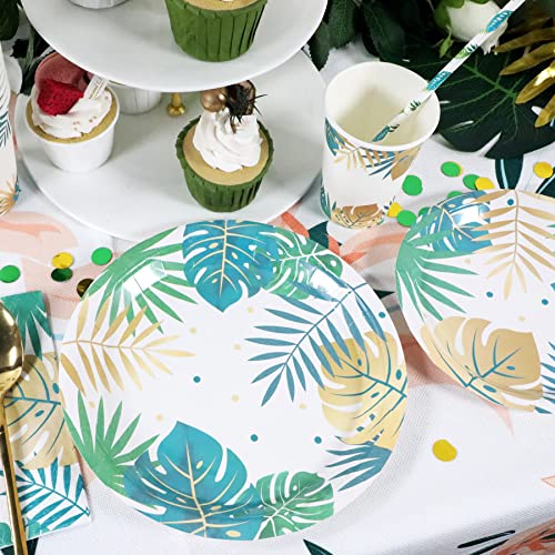 Tropical Palm Leaves Hawaiian Plates And Napkins Decorations, Disposable Safari Jungle Party Tablewares For 24 Guests, 120 Pcs Luau Decor Include 9” And 7” Plates Napkins Cups And Straws #TOP5