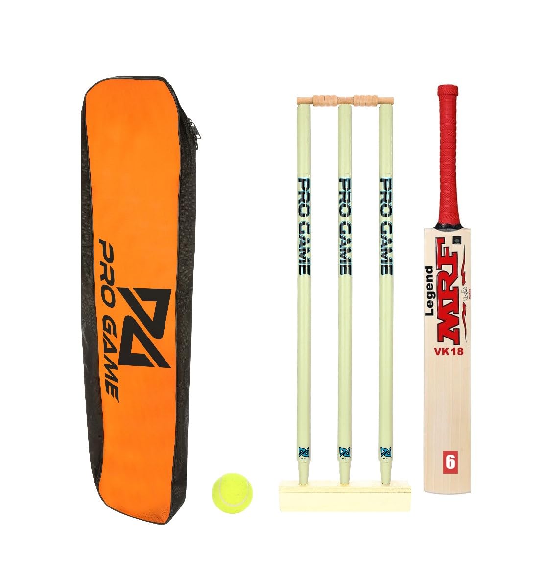 Pro Game MRF Cricket Kit -1Bat 3Wickets 2Bails 1Base 1Ball &1Kit Bag (Size 6 for 12-14Yr) OR_GR (B0CH4SPV3L) Amazon Price History, Amazon Price Tracker