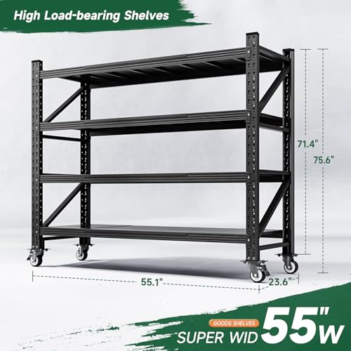 Image of Letaya 4000LBS Heavy Duty Storage Shelves with Wheels,Metal Garage Shelving Units,4 Tier Large Tall Industrial Shelving,Adjustable Utility Rack for Warehouse,Basement (Black, 55 inch W x 24 inch D x 76 inch H)