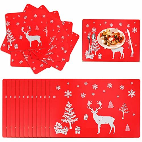 24 Piezas Decoración Navideña Mantel Comedor y Posavasos, Resistentes al Calor de PVC Renos Navidad Lavables para la Decoración de La Mesa de Comedor en casa