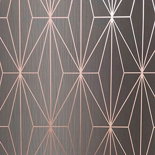 Muriva Kayla Metallic Geometric Diamond Triangles Vinyl Wallpaper Shiny Embossed Heavyweight 10m Roll Charcoal & Rose Gold 703015