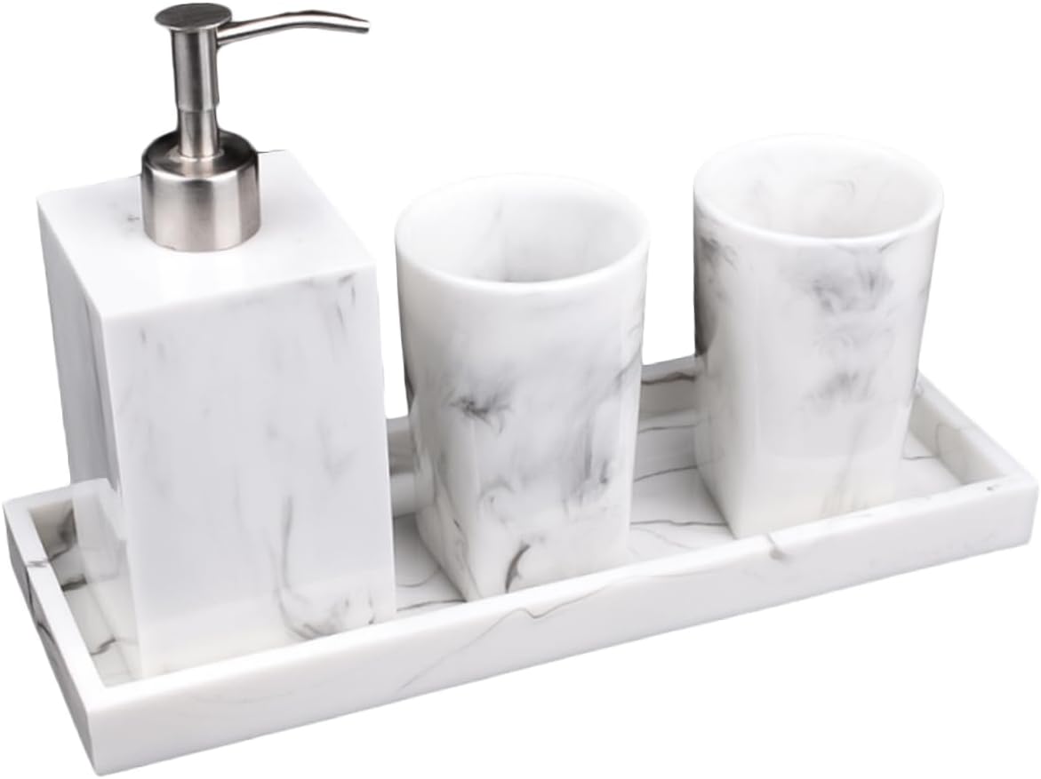 Alipis Marble Wash Set Modern Style Countertop Soap Dispenser Tray Holder Bottle for Bathroom Kitchen Hotel Bar Decor