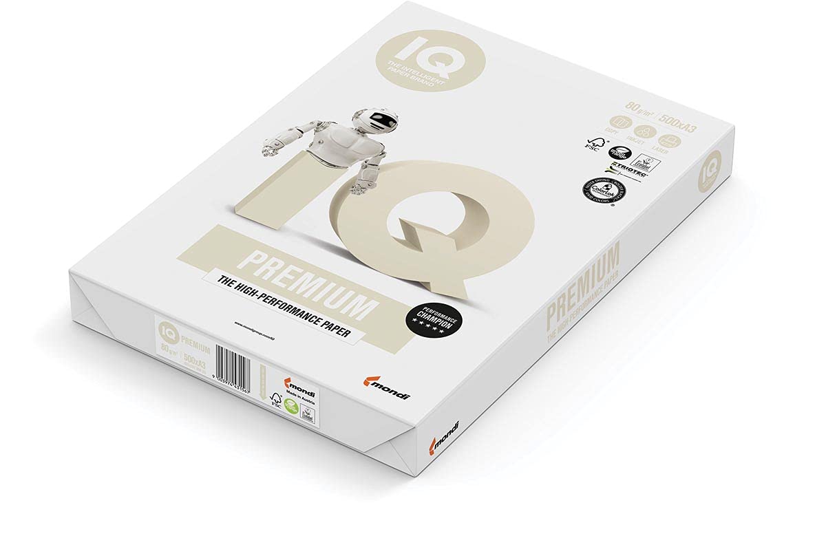 Kopierpapier IQ Premium Triotec A4 80g weiß ECF holzfrei 88055603 (PACK=500 BLATT) DIN A3 = 29,7 cm x 42,0 cm